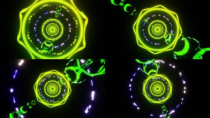 迪斯科hud隧道闪烁的绿色和黄色灯光与旋转元素vj循环3d渲染。抽象的梦幻时空旅行。全视人工智能概念