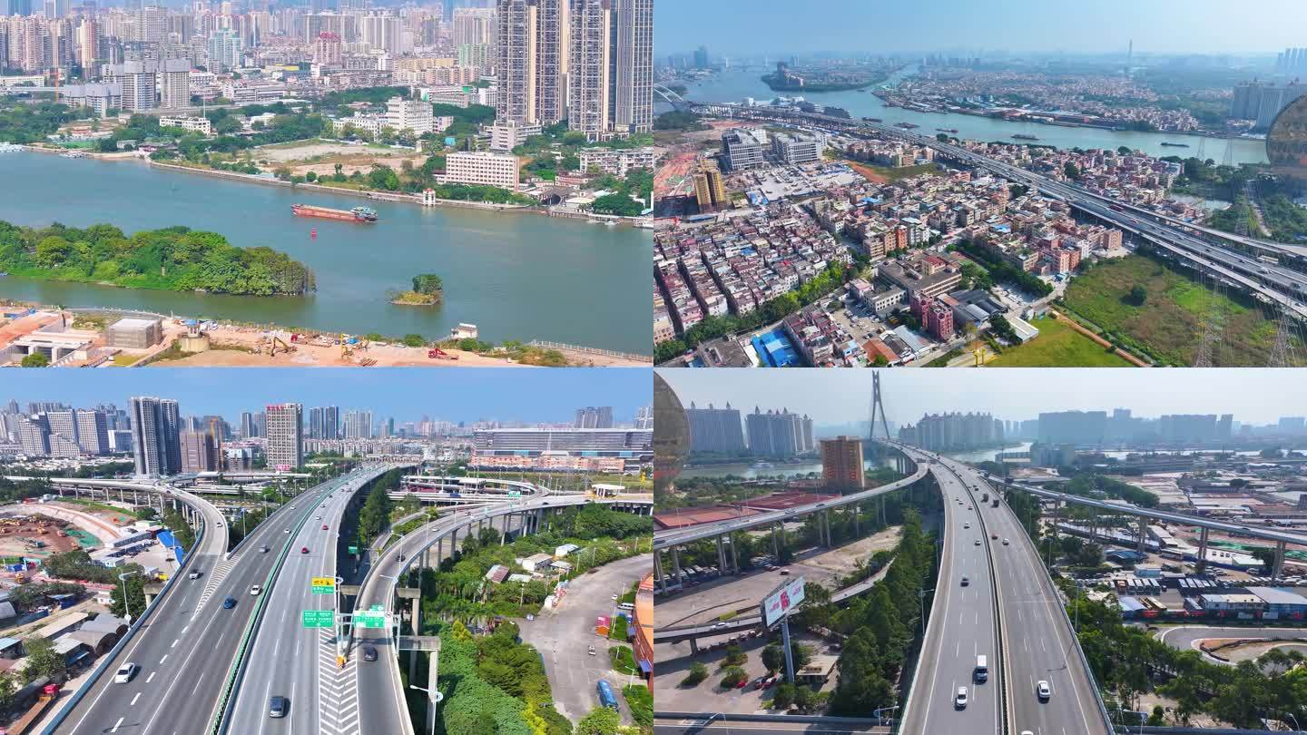 广州番禺区东沙立交桥大桥航拍车流城市交通