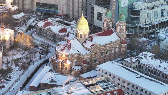 4K原素材-航拍天津雪景，西开教堂