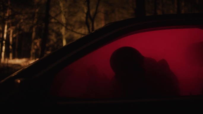 一个男人坐在一辆停着的车里，车里亮着红灯，看着窗外