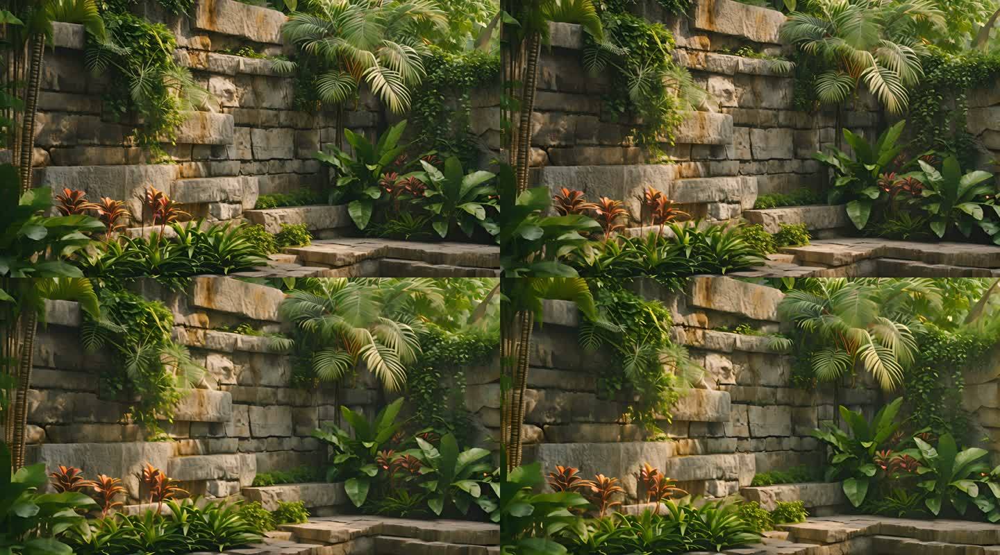 长满绿色植物的荒废墙角墙壁