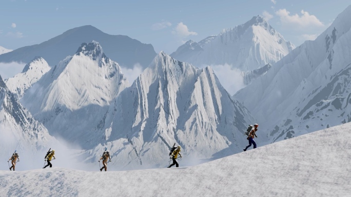 爬山登山攀登雪山山顶眺望远望背影成功胜利