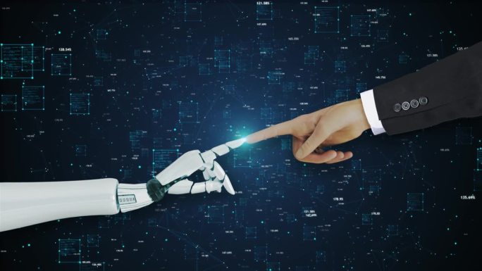 人工智能机器人和人的手触摸过程自动化。RPA数字化转型;