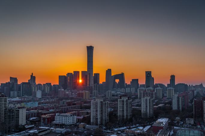 北京地标建筑国贸cbd日落夜景
