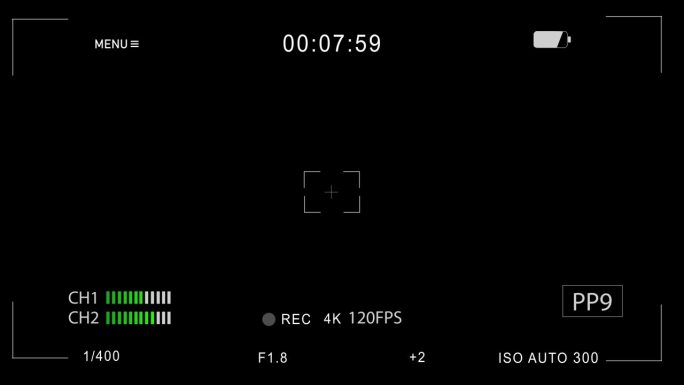 专业相机屏幕记录叠加在黑色背景。取景器显示界面与Iso，光圈，快门速度和白平衡参数和设置。视频记录在