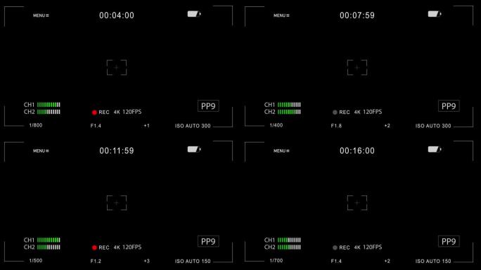 专业相机屏幕记录叠加在黑色背景。取景器显示界面与Iso，光圈，快门速度和白平衡参数和设置。视频记录在
