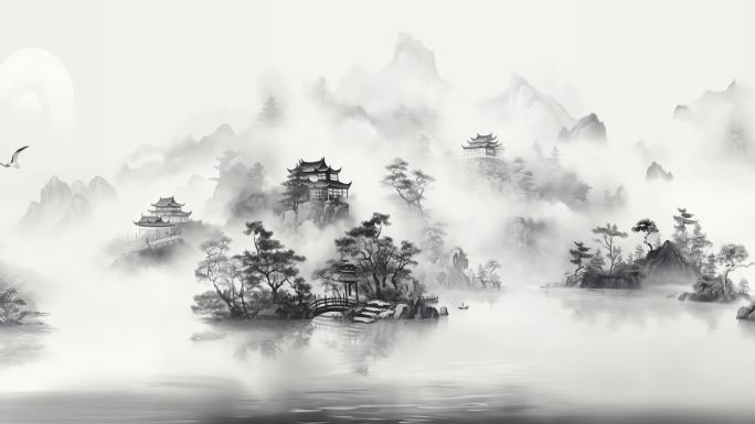 水墨山水泼墨风景中国风水墨画江南仙境小船