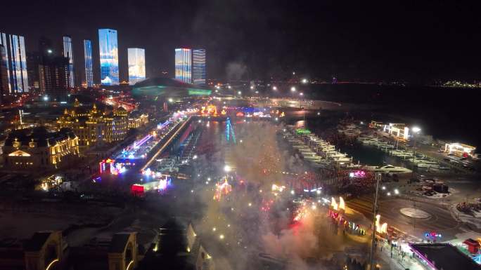 大连东港音乐广场威尼斯水城夜景跨年烟花