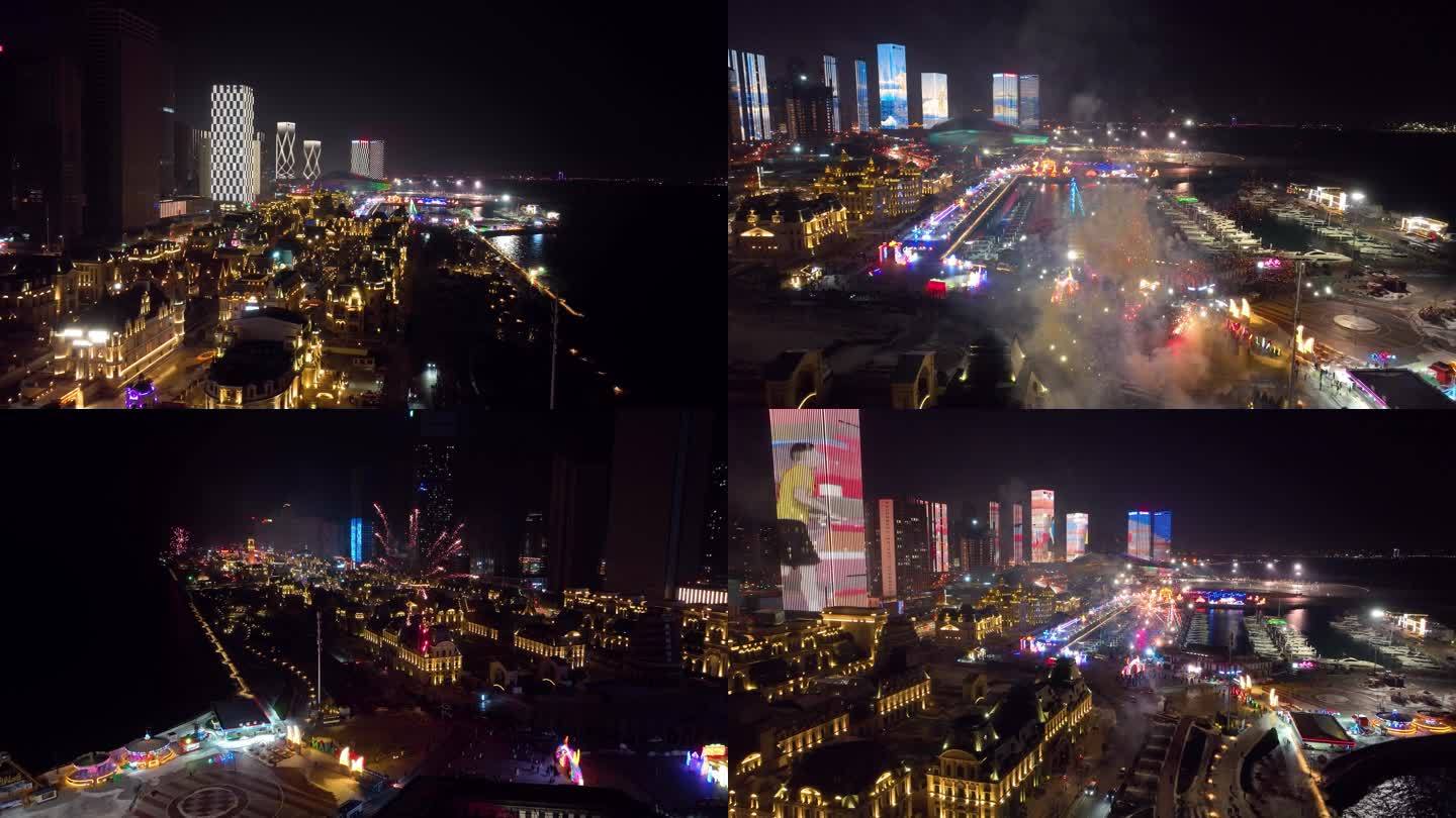大连东港音乐广场威尼斯水城夜景跨年烟花