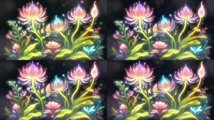 4K唯美梦幻森林花丛油画发光彩色花朵背景