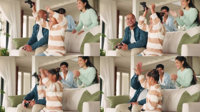 孩子们玩游戏，家人和家庭在客厅的电视上庆祝电子竞技胜利。爷爷，年轻的女孩，兴奋的视频游戏和比赛在电视