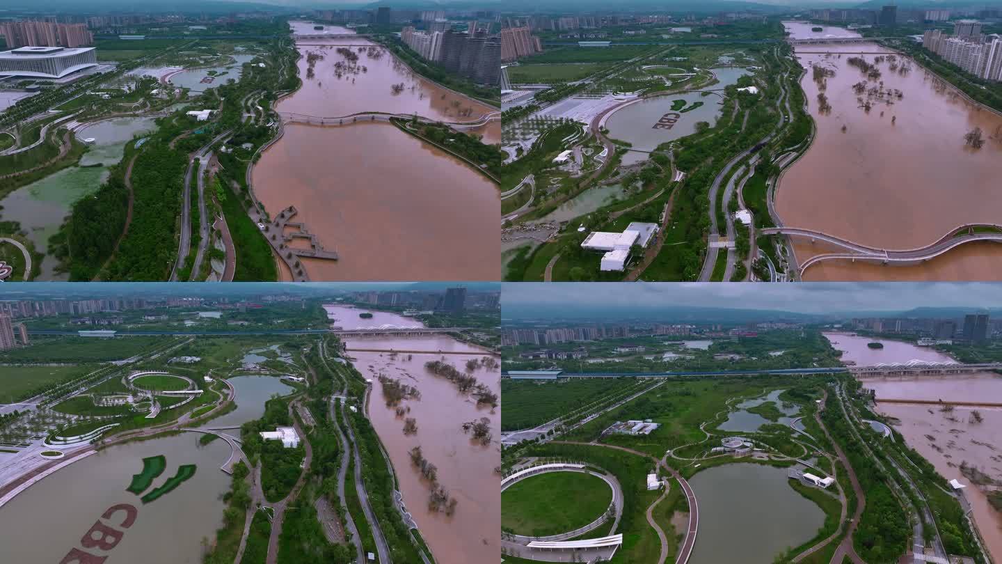 航拍陕西西安浐灞湿地浐灞生态区CBD