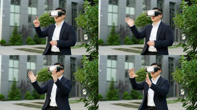 一位亚洲商人坐在办公大楼附近街道的长椅上，戴着虚拟现实眼镜在虚拟现实模拟器中工作