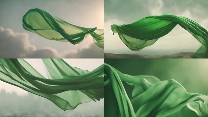 绿色布在空中飘 绿色丝绸在空中飘