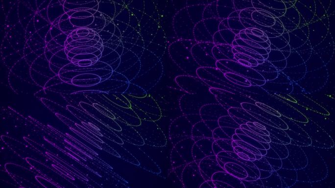 4K抽象旋转科幻球体与霓虹线运动背景。发光的彩色发光粒子在外层空间移动。