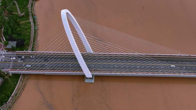 航拍陕西西安浐灞生态区欧亚大桥