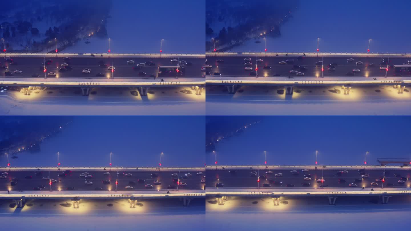 北方城市冬季下雪雪景夜景航拍
