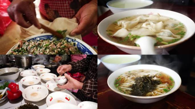 传统早餐-热气腾腾的馄饨、面条、烧饼