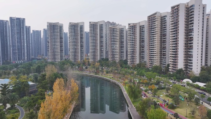 航拍成都温江江安河畔房地产住宅