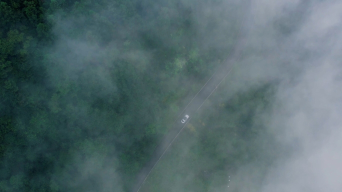 云雾缭绕的山路上的车  摩围山航拍