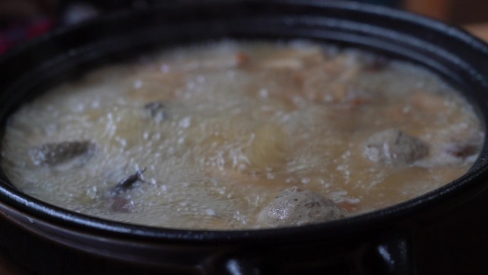 野生菌类炖鸡砂锅炖肉开锅沸腾特写