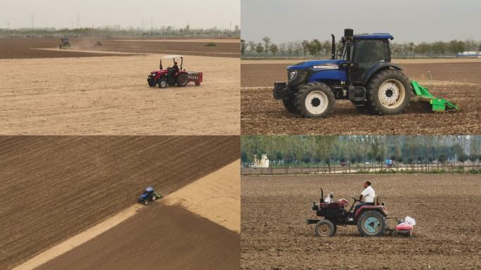 4k 拖拉机在平原耕地播种 耕作