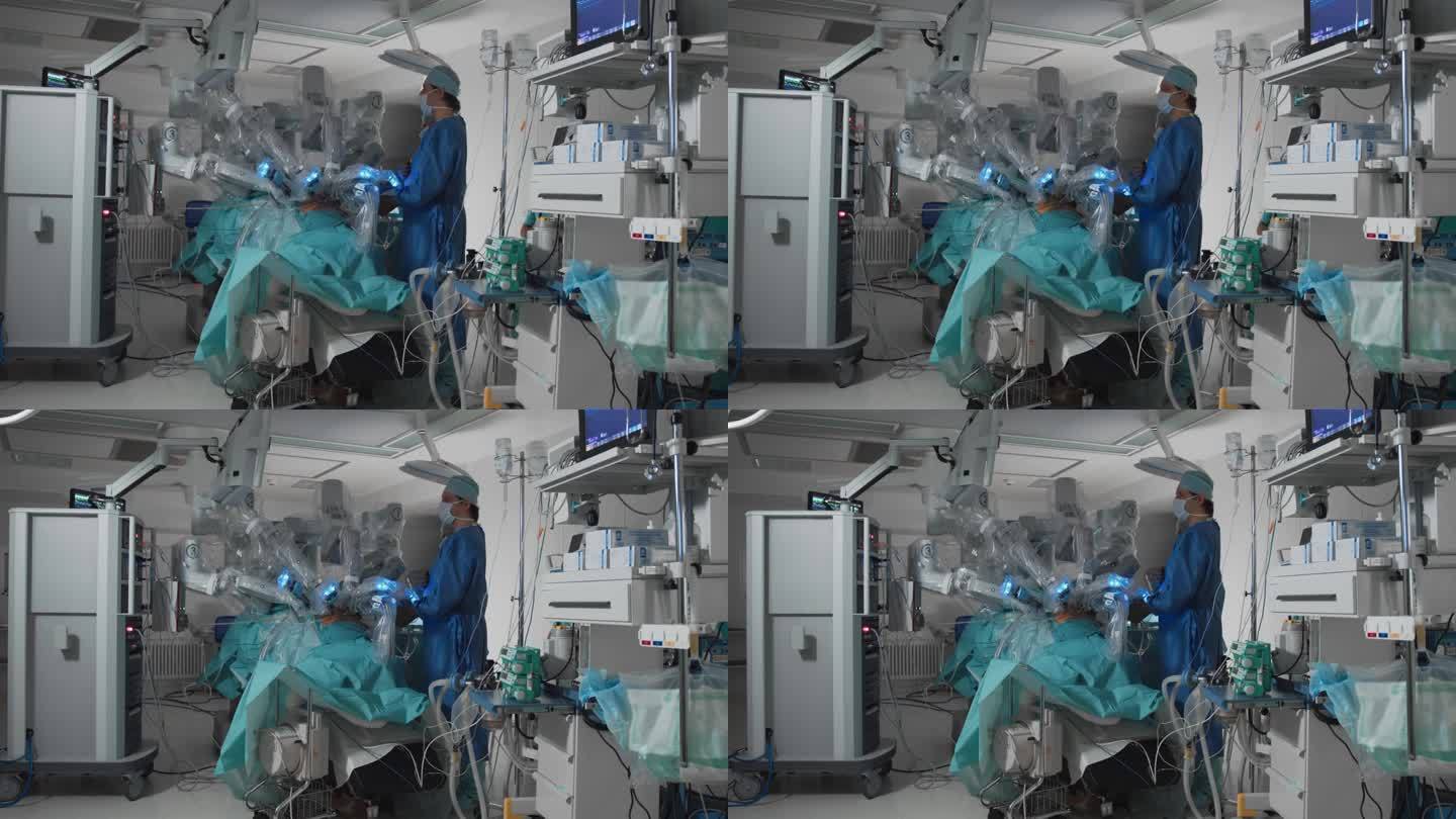 多臂手术机器人在现代手术室中进行手术