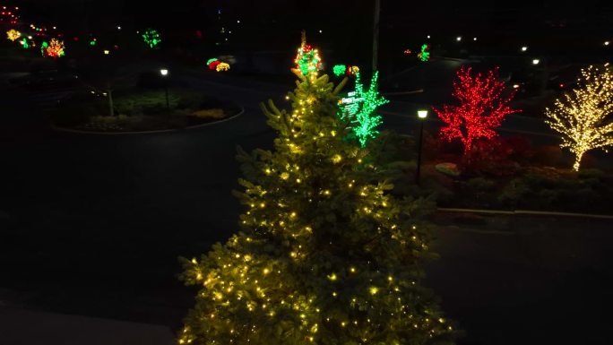 航空轨道拍摄的点亮圣诞树和圣诞装饰沿着美国的道路。