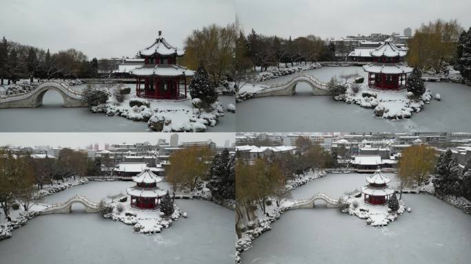 4k航拍古建筑雪景保定古莲花池雪景