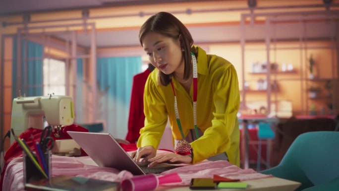 美丽时尚的亚洲女人的肖像使用笔记本电脑为她的时尚项目做笔记。小型服装网店店主在线查看订单明细，订购面