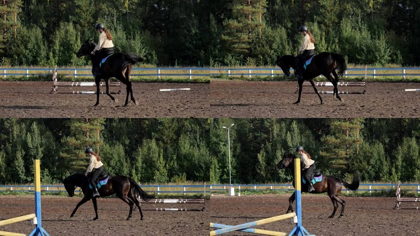 一个骑马的年轻女子，在马术俱乐部里骑马。在训练场上骑马的女骑手。在马术俱乐部里，一位女士骑着马