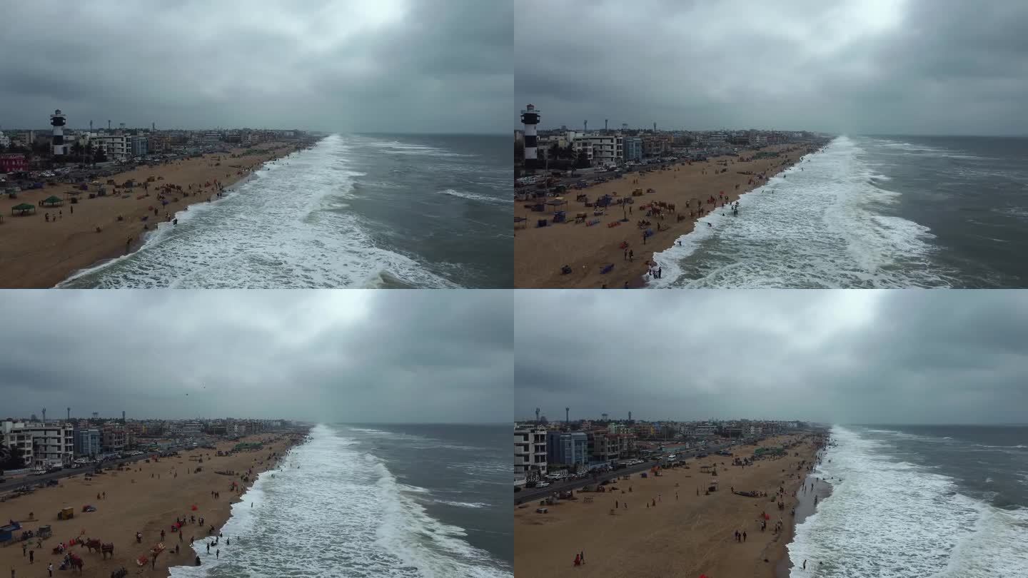 鸟瞰印度奥里萨邦普里拥挤的海滩。
