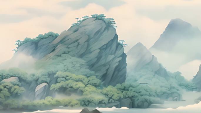 中国风山水动画素材，超宽场景循环动画