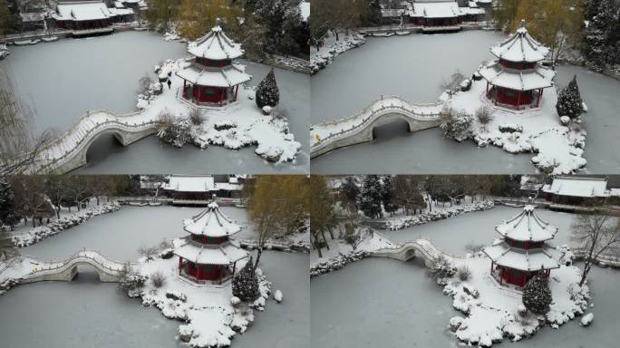 4K航拍古建筑雪景保定古莲花池雪景