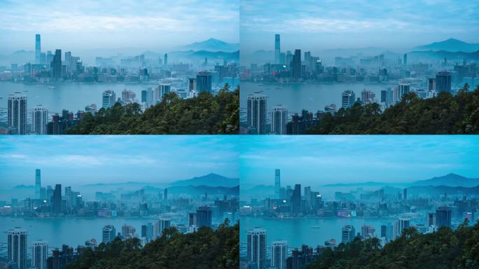 香港城市低空雾霾日转夜延时
