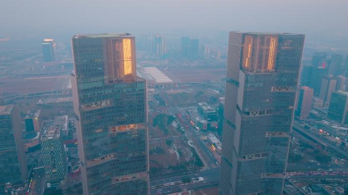 航拍郑州绿地中心双子塔郑州东站夜景