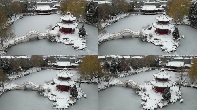 4k航拍古建筑雪景保定古莲花池雪景