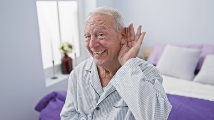 一位心情愉快的老人，穿着睡衣坐在床上，捂着耳朵使劲听着闲言碎语。这是一幅令人回味的失聪家庭的画像，他