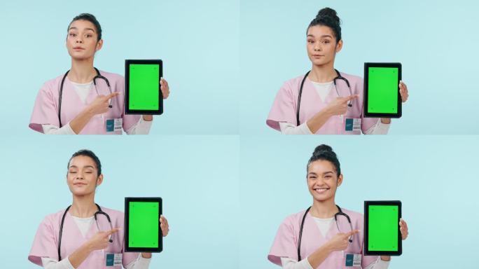 护士，女性和平板电脑绿色屏幕，对医疗保健和诊所介绍，建议或蓝色背景的新闻。年轻的医生或医学生与数字模