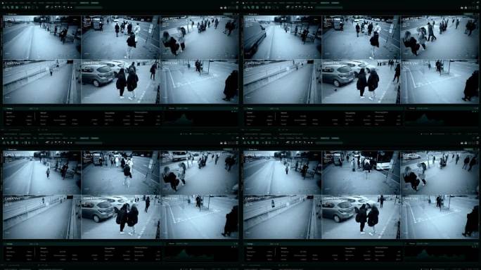 CCTV人工智能面部识别摄像头对街道上的人进行认证。安全摄像头监控录像身份扫描人群在大城市街道上安全