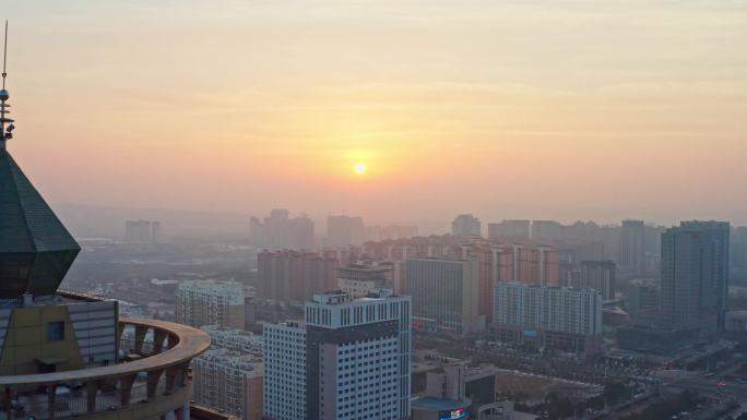 陕西省榆林市榆阳区开发区人民大厦日出航拍