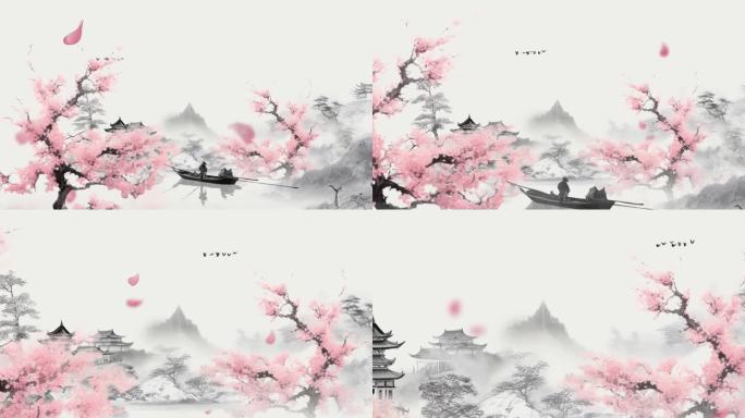 水墨山水画桃花树花瓣飘落美景中国风古风画