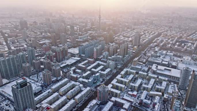 中国黑龙江哈尔滨龙塔城市雪景风光航拍