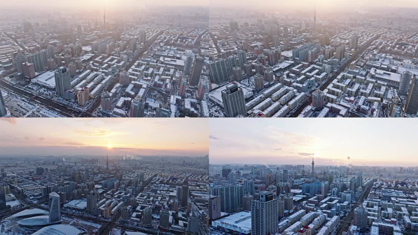 中国黑龙江哈尔滨龙塔城市雪景风光航拍