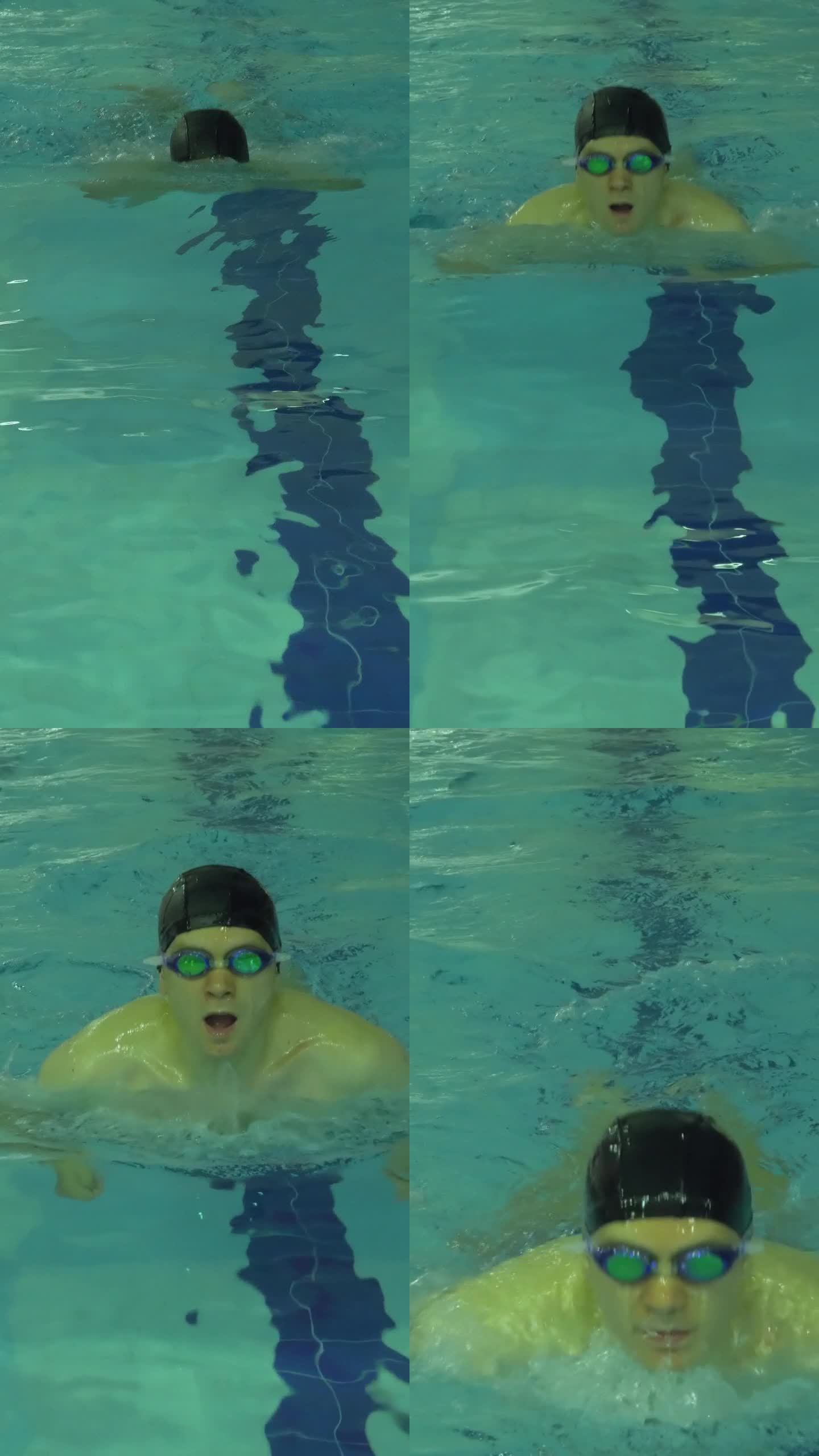 运动白种人，戴着帽子和护目镜，正在游蛙泳。垂直视频