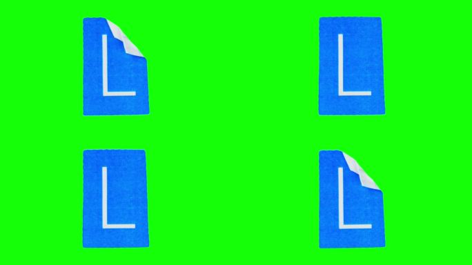 蓝色矩形上的大字母L在绿色屏幕上的纸皱循环定格动画