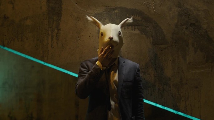 一个穿着西装，戴着兔子面具的男人在抽烟