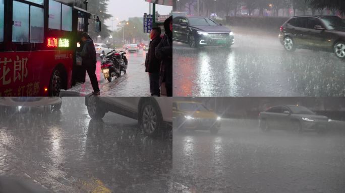 暴雨城市街景-大雨中街头雨景雨中行人雨夜