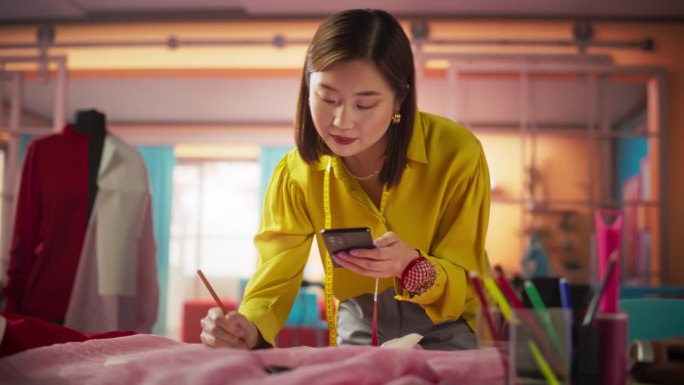 美丽时尚的亚洲女性用智能手机记录她的时尚项目的肖像。小型服装网店店主在手机上查看订单详情。多莉拍摄