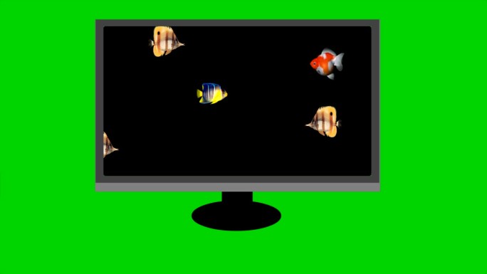 绿色背景的电视屏幕上游动的鱼